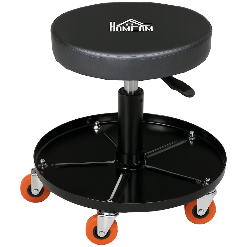 image 1 of HOMCOM Workshop Stool, Rolling Mechanic Stool with Pneumatic Adjustable Height, 360 Degree Swivel, Padded Seat, Tool Tray, for Garage, Workshop, Auto Repair