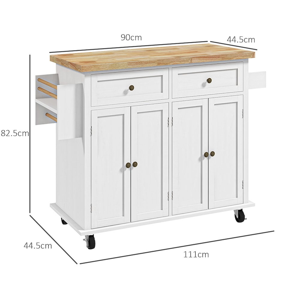 image 1 of HOMCOM Kitchen Island on Wheels, Rolling Kitchen Storage Trolley with Rubber Wood Top, Drawers, Adjustable Shelves, Towel and Spice Rack for Dining Room, White