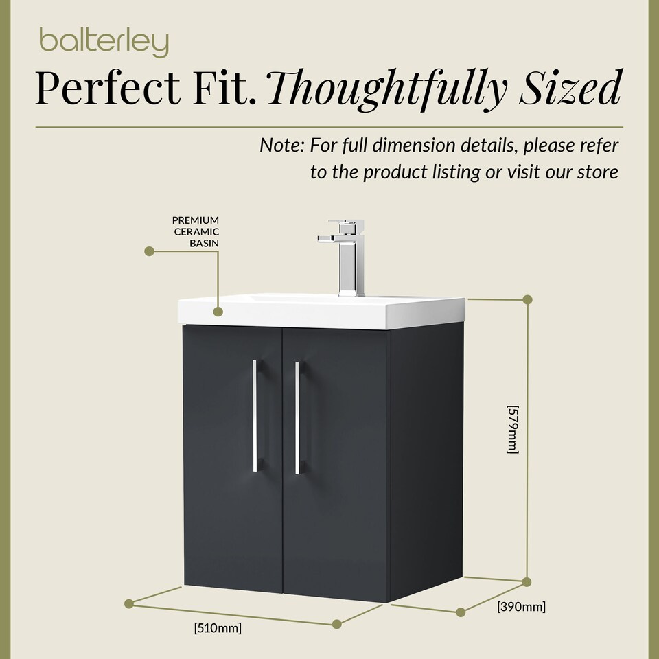 image 1 of Balterley Modern Bathroom 2 Soft Close Door Wall Hung Vanity Unit & Rectangular Mid-Edge Basin | Grey | Soft Black