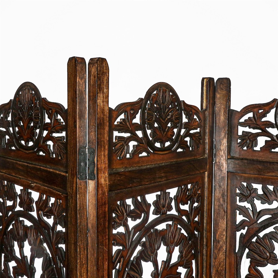 image 1 of 4 Panel Heavy Duty Carved  Screen Wooden Lotus Design Room Divider Dark Brown 200 x 180 cm | Brown | Dark Brown | 200 x 180 cm