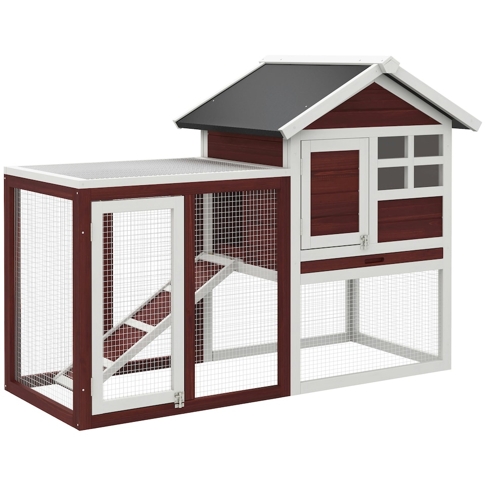image 1 of PawHut Rabbit Hutch, Bunny Cage Outdoor Wooden House w/Tray & Ramp, Brown