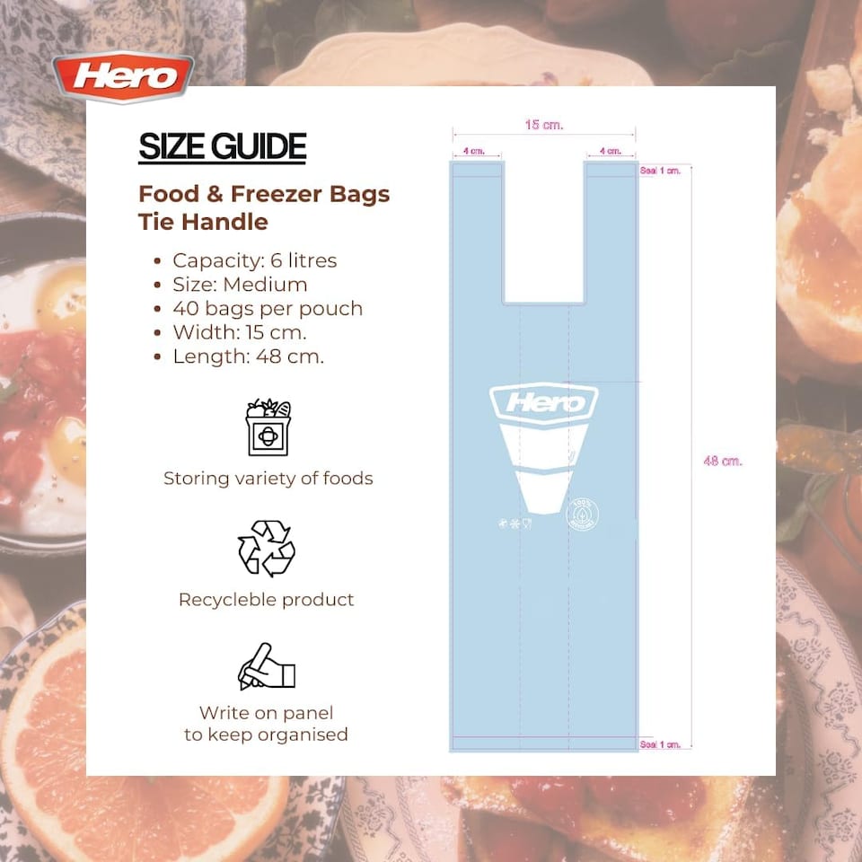 image 1 of Hero Tie Handle Food Storage Bags 6L Pack of 40 Reusable BPA Free Freezer & Sandwich Bags with Airtight Seal for Fruits, Vegetables, Meat and Grains