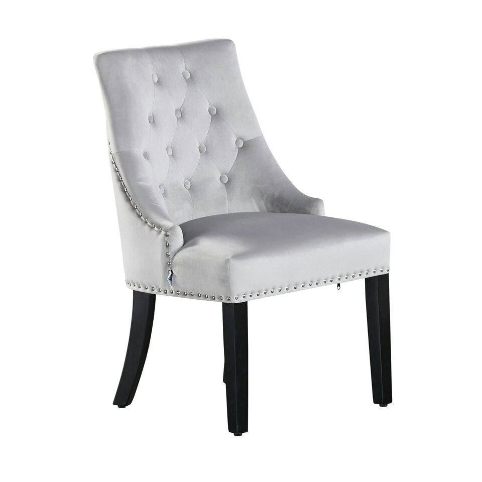 image 1 of Single Velvet Dining Chair Ergonomic Scoop Knockerback & Button Tufted Wood Legs Grey | Light Grey