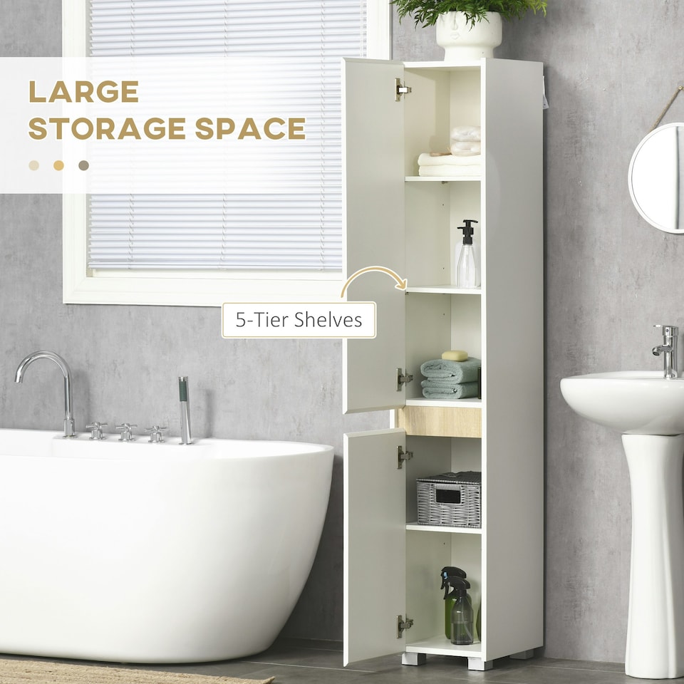 image 1 of kleankin 5-Tier Modern Tall Bathroom Cabinet with Adjustable Shelves White