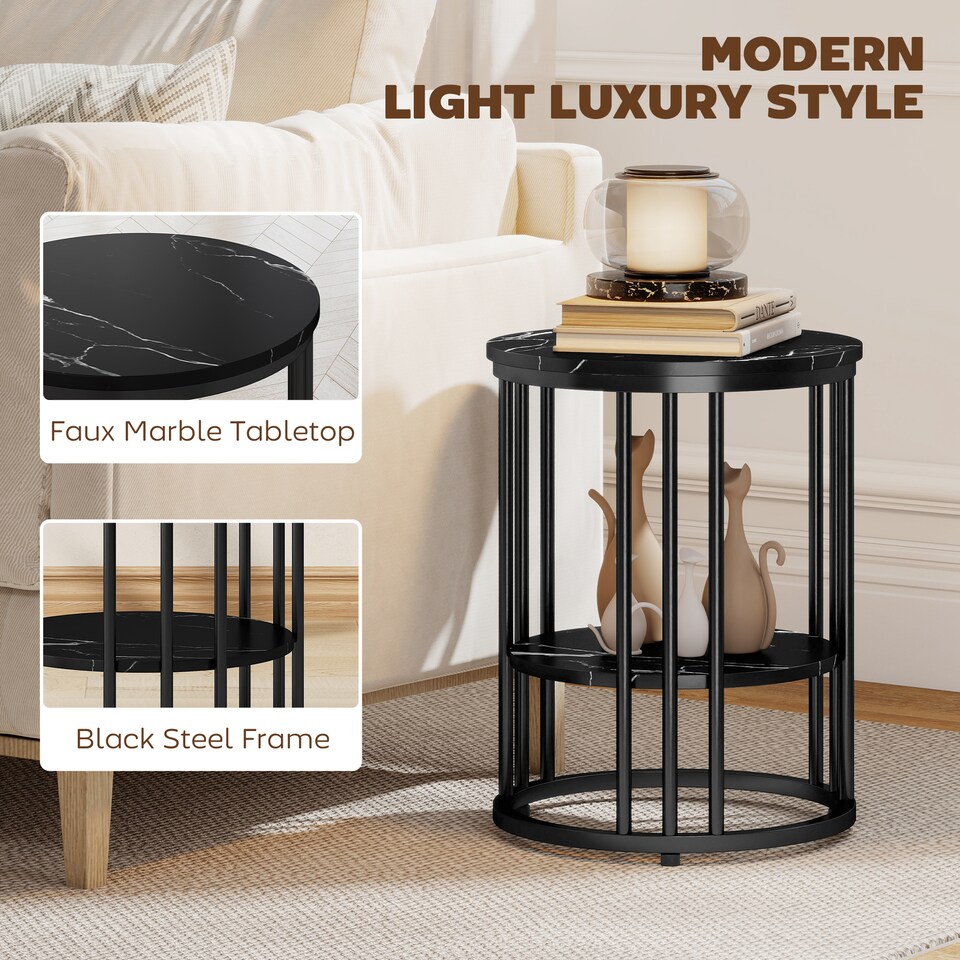 image 1 of HOMCOM Round Coffee Table Set of 2, Marble-Effect Side Tables with Storage Open Shelf and Steel Frame for Living Room, Bedroom, Black Marble Effect
