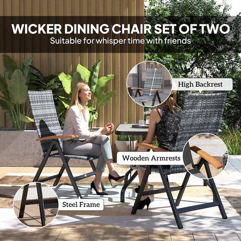 image 1 of Outsunny Folding Garden Chairs Set of 2, 5-level Reclining PE Rattan Garden Dining Chairs with Wood Armrests, High Back and Steel Frame for Outdoor, Patio, Terrace, Porch, Light Grey | Grey | Light Grey
