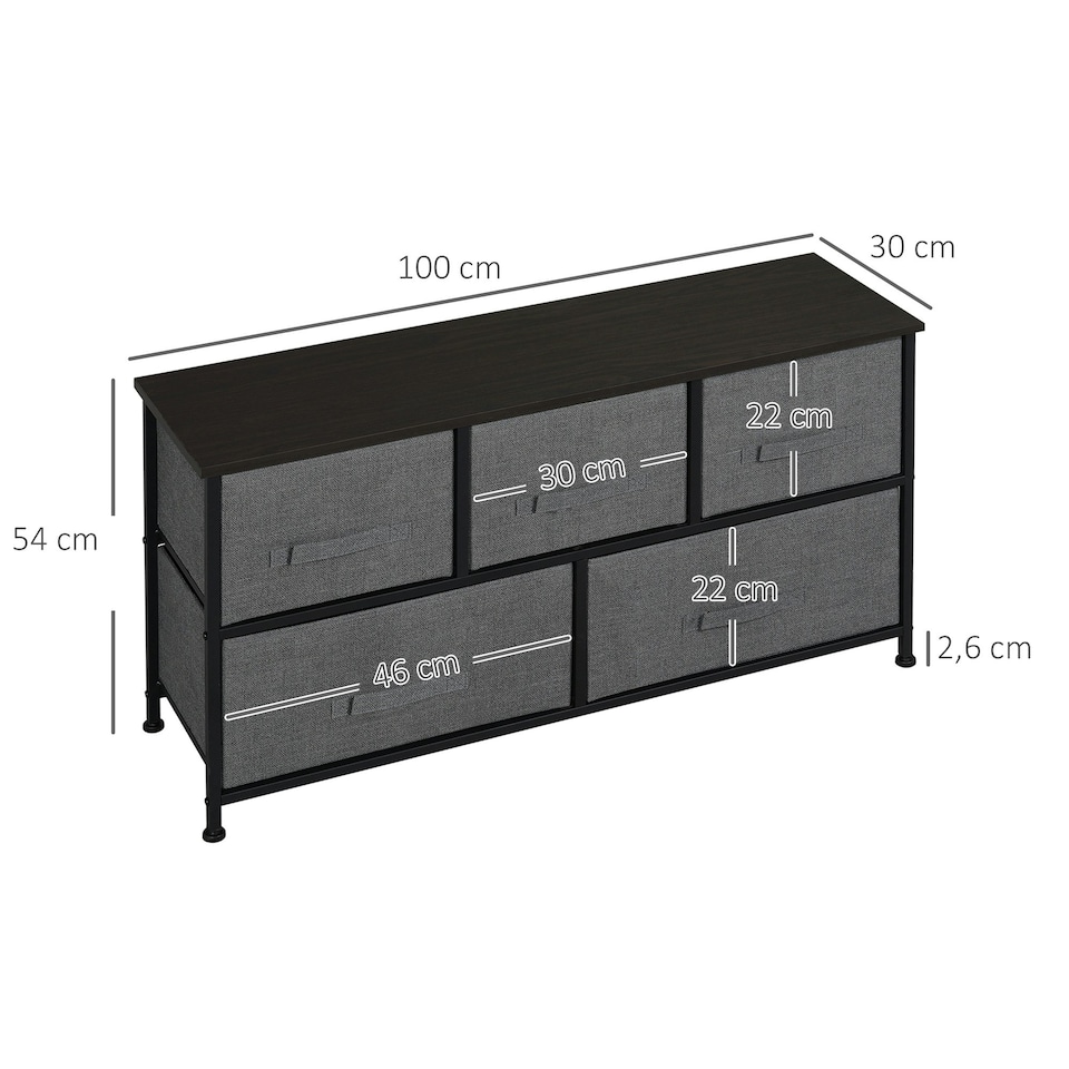 image 1 of HOMCOM Chest of Drawers, 5 Drawer Fabric Dresser for Bedroom, Dark Grey
