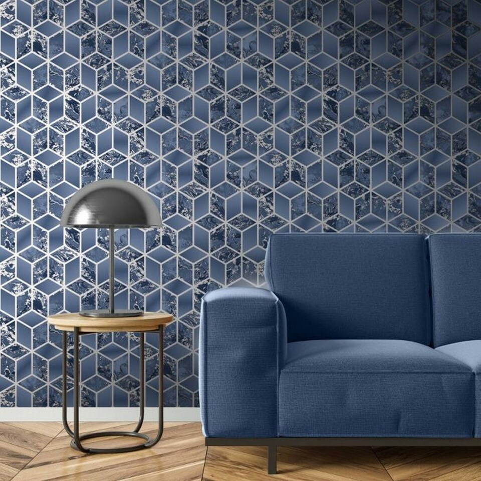 image 1 of Muriva Elixir Marble Wallpaper - Navy/Silver - 10m x 53cm Blue