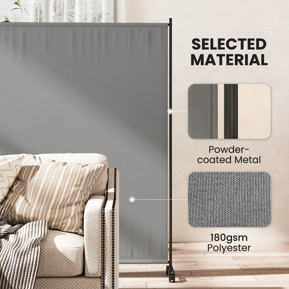 image 1 of Outsunny Room Divider with Wheels, 6ft Rolling Privacy Screen, Dark Grey | Grey | Dark Grey | 1