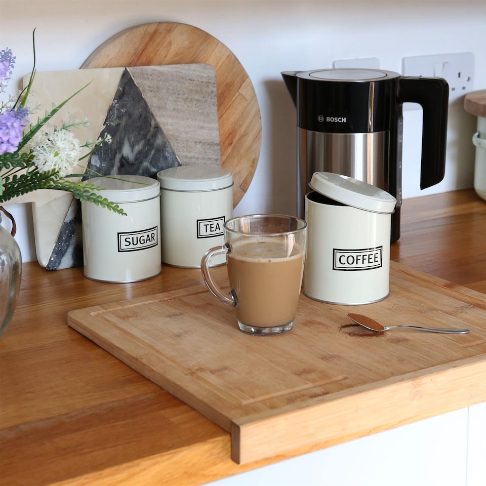 image 1 of Harbour Housewares 3pc Round Metal Tea Coffee Sugar Canister Set - Cream