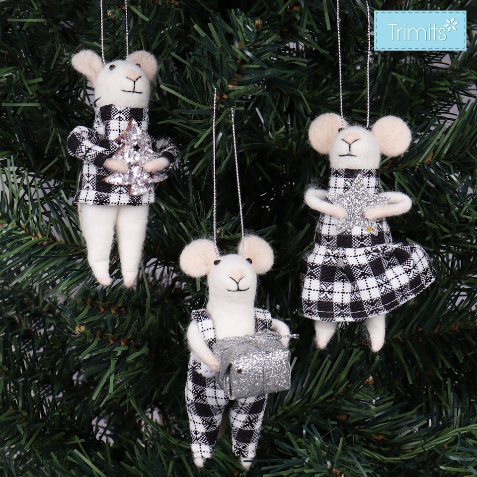 image 1 of Trimits Needle Felting Kit Christmas Mice - Tartan Trio, Festive Craft Kit, Homemade Christmas Decorations