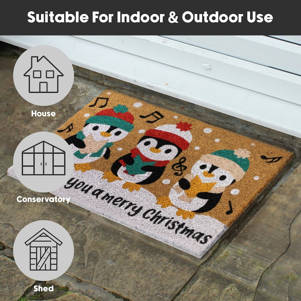 image 1 of JVL Festive Christmas Coir Doormat with Latex Back 40x58cm, Penguins