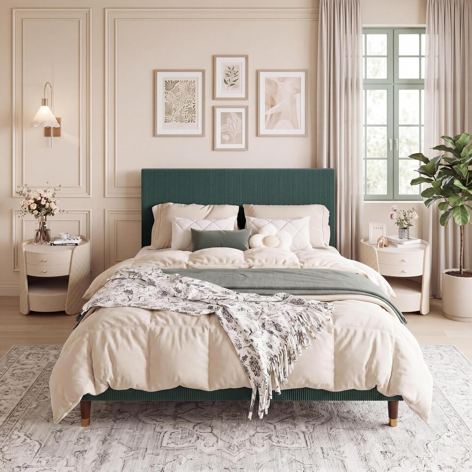 image 1 of London Boutique Double Platform Bed Frame with Velvet Upholstered Headboard, Wood Slats Support, Green 135 x 199 cm