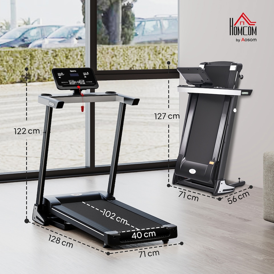 image 1 of HOMCOM 2HP Motorised Treadmill 1-12km/h Folding Frame w/ Wheels Preset Programs | Black | Black