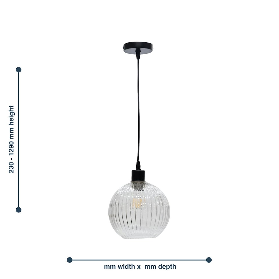 image 1 of Set of 2 Betchley - Clear Ribbed Glass Globe with Black Pendant Fittings | Clear | Clear | 2