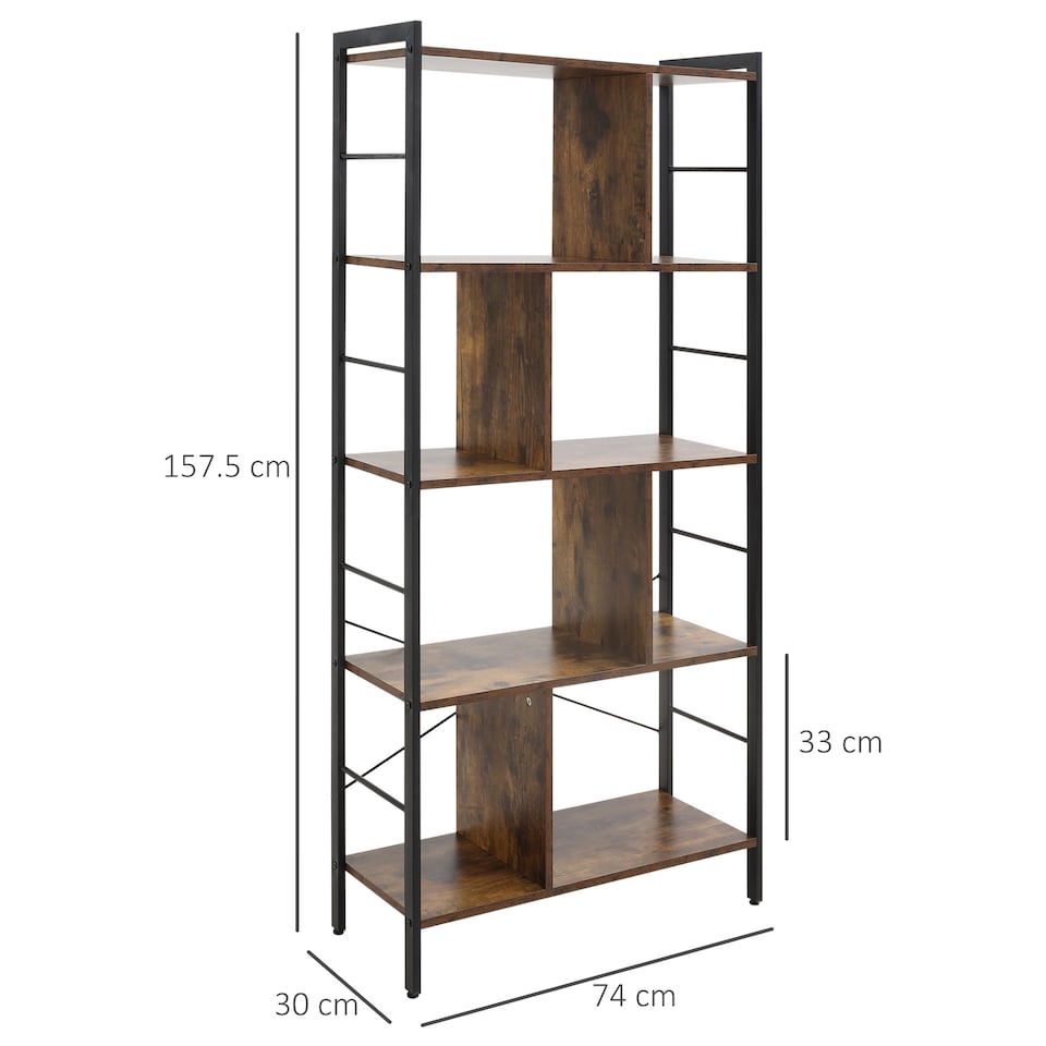 image 1 of HOMCOM Industrial Storage Unit, 5 Tiers Bookcase with Open Compartments for Office Living Room, Bedroom, Rustic Brown and Black