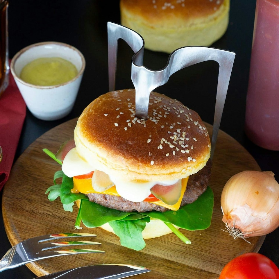 image 1 of Burger Skewer 18/8 Stainless Steel with Wooden Plate 20cm Diameter