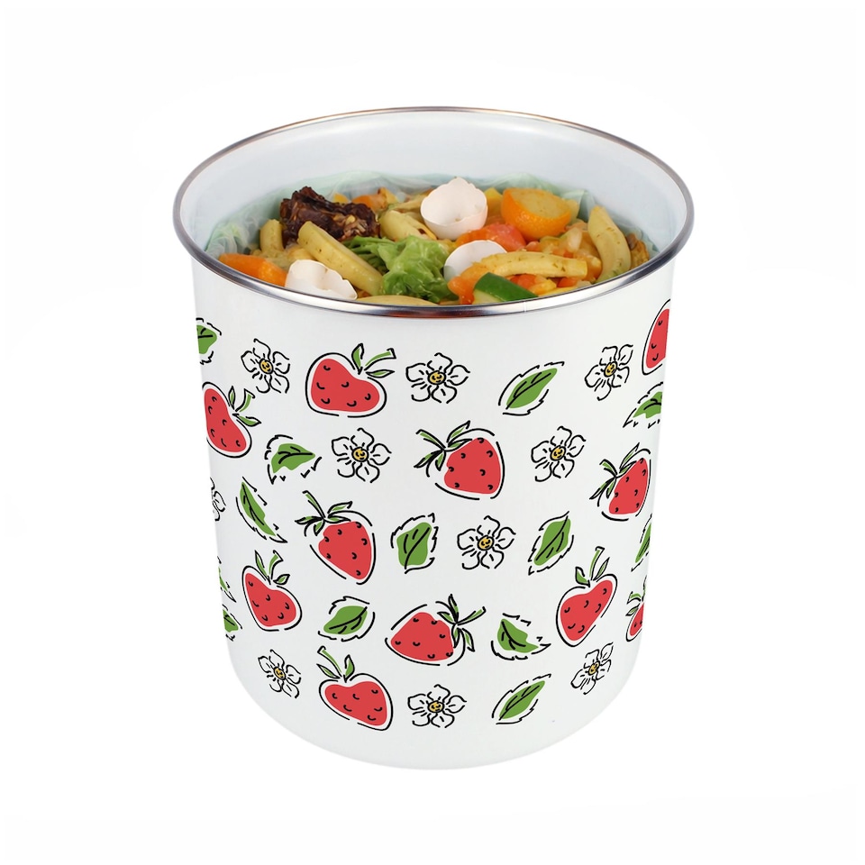 image 1 of Strawberry Flowers Food Waste Caddy - Metal 2L Decorative Kitchen Compost Bin