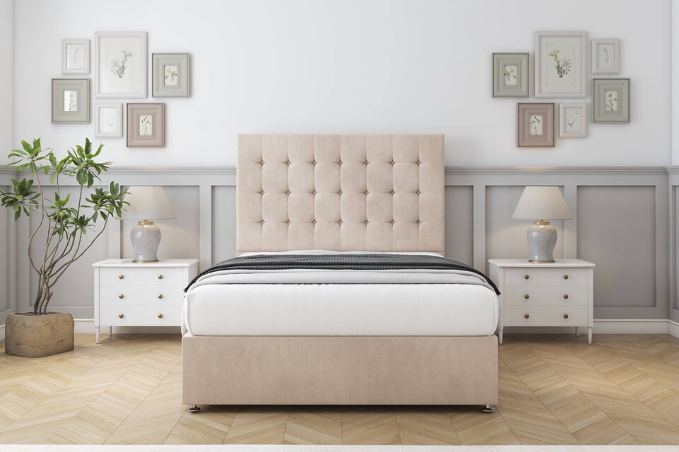 image 1 of Sloomy Alabama Sand Naples Divan Bed Base 2 Drawers Same Side With 54 Inch Floor Standing Headboard | Cream | Sand | Small Single | 1