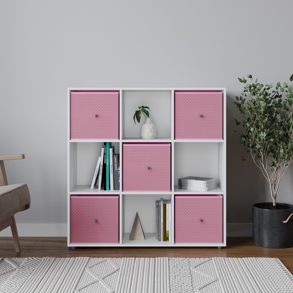 image 1 of 9 Cube Wooden Bookcase Shelving Unit with 5 Collapsible Fabric Drawers | Multi | White & Pastel Pink | 1
