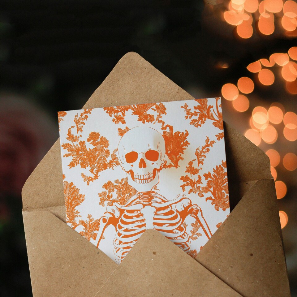 image 1 of Stylish Scary Skeleton Orange Fun Trick or Treat Scary Halloween Card