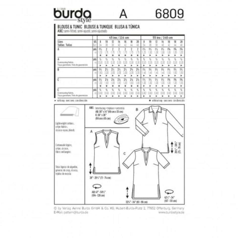 image 1 of Burda 6809 Paper Sewing Pattern – Women’s Tops & Tunics, UK Sizes 8–10–12–14–16–18–20, Easy