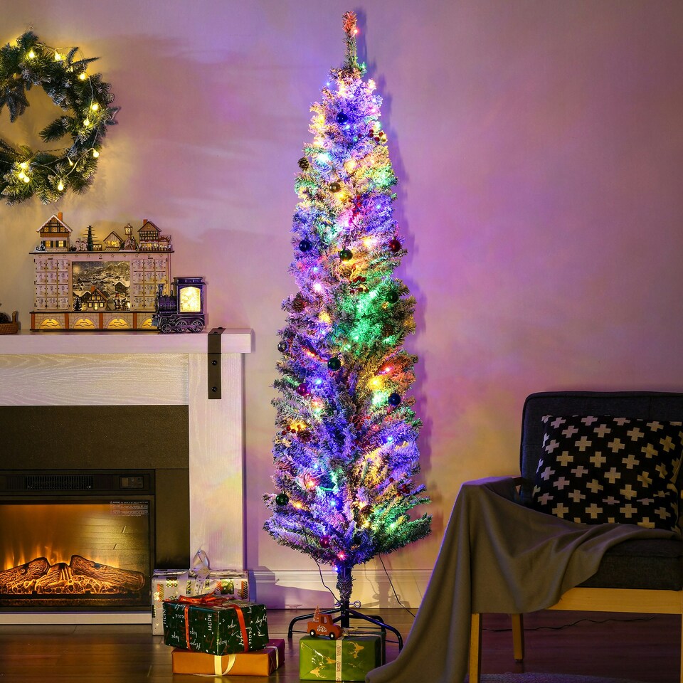 image 1 of HOMCOM 6' Artificial Christmas Tree with Flocked Tips, LED Lights, Decoration
