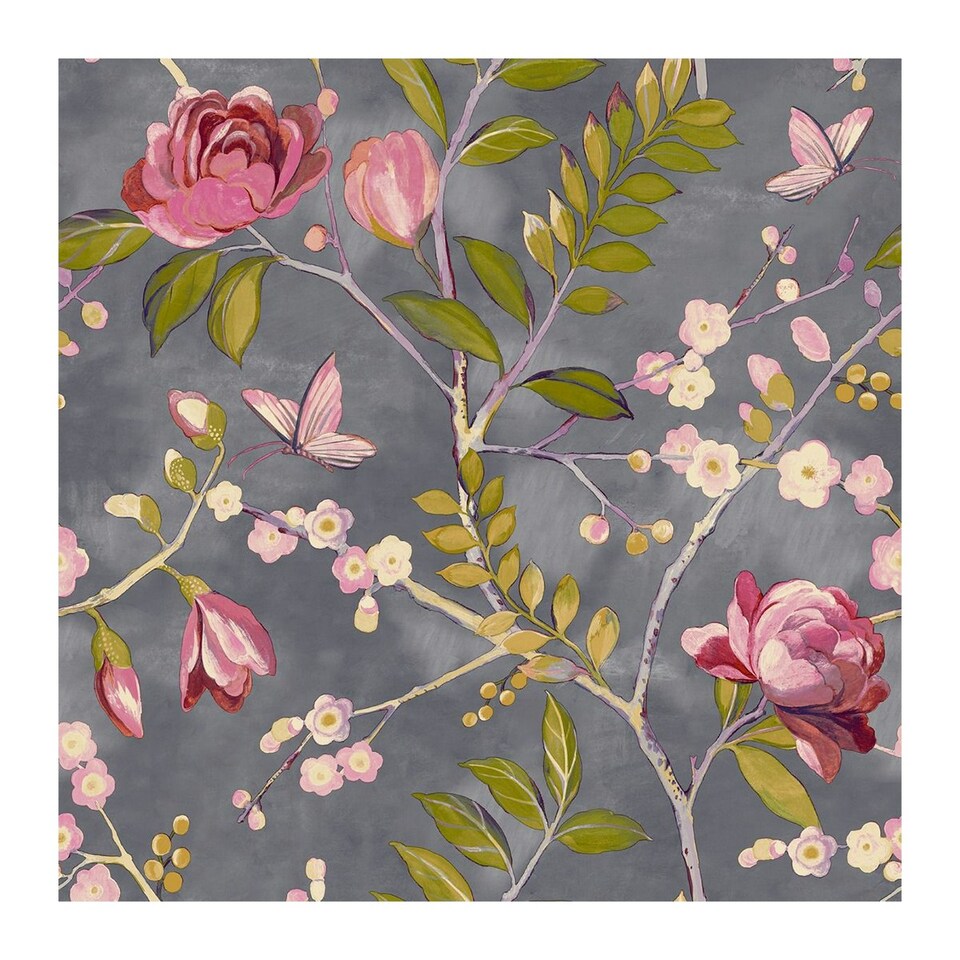 image 1 of Grandeco Lola Floral Wallpaper - Charcoal/Pink - 10m x 53cm