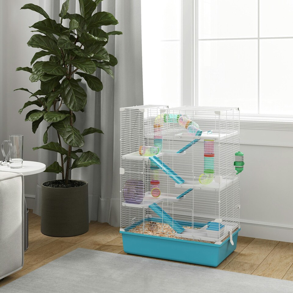 image 1 of PawHut 6 Tier Hamster Cage with Twin Tower and Accessories, Light Blue