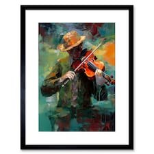 Violinist a Hat Playing Music his Violin 9x7" Black Framed Wall Art Print