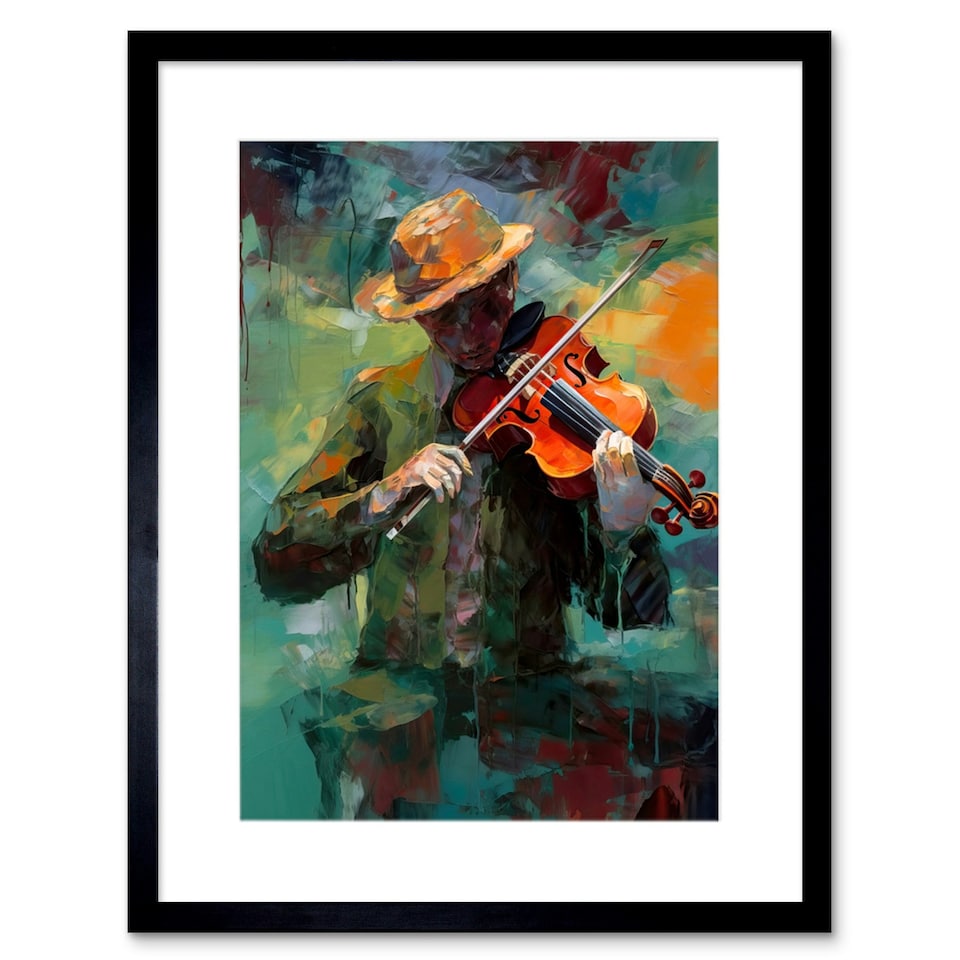 image 1 of Violinist a Hat Playing Music his Violin 9x7" Black Framed Wall Art Print