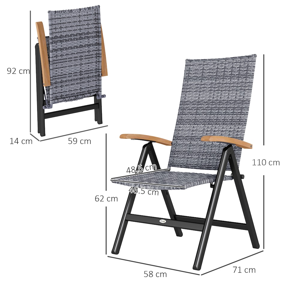 image 1 of Outsunny Folding Garden Chairs Set of 2, 5-level Reclining PE Rattan Garden Dining Chairs with Wood Armrests, High Back and Steel Frame for Outdoor, Patio, Terrace, Porch, Light Grey | Grey | Light Grey