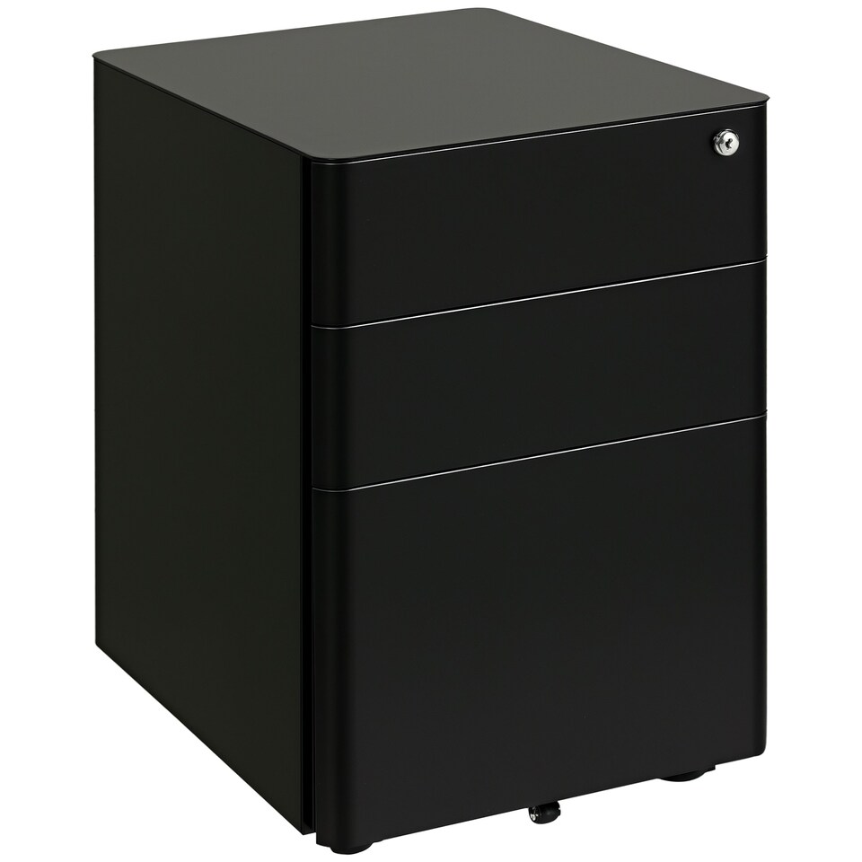image 1 of Vinsetto 3-Drawer Mobile Filing Cabinet, Steel Lockable File Cabinet for A4, Legal, Letter, Compact Under Desk Storage Unit with Pre-Assembled Body Except Wheels for Home Office, 39 x 48 x 59cm, Black