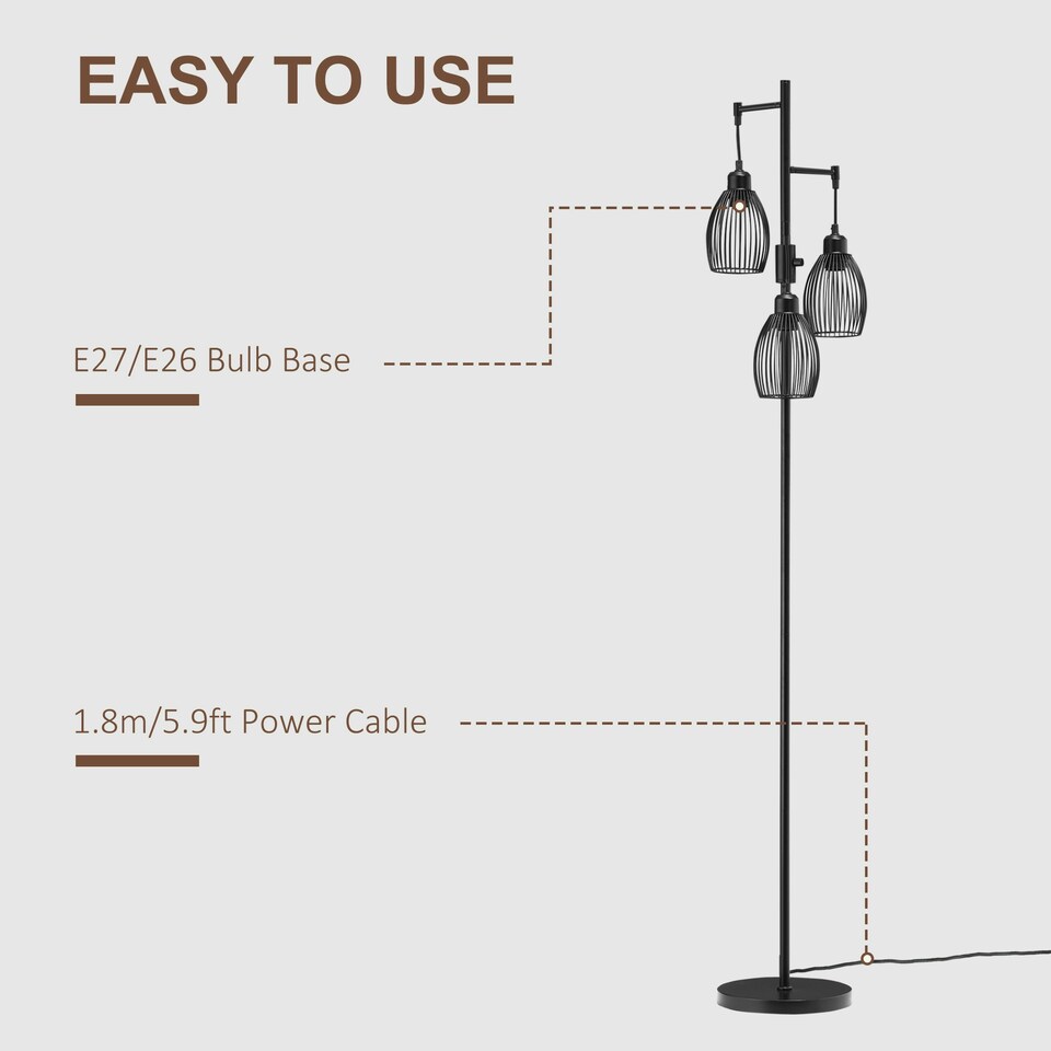 image 1 of HOMCOM Industrial 3-Light Floor Lamp Dimmable Standing Lamp for Living Room