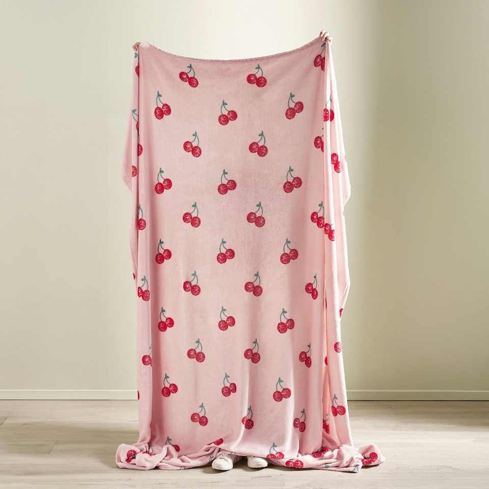 image 1 of Catherine Lansfield Disco Cherries Cosy Fleece 200x240cm Oversized Blanket Throw Pink Pink