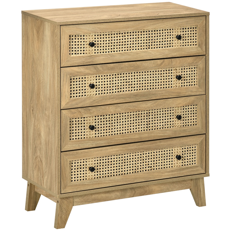 image 1 of HOMCOM Chest of Drawers, 4-Drawer Storage Organiser Unit with Rattan Element for Bedroom, Living Room, Wood Effect