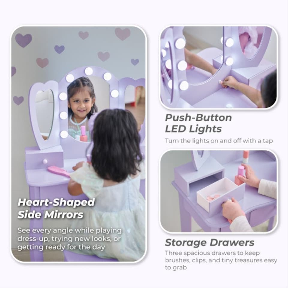 image 1 of Teamson Kids Heart-Shaped Play Vanity Table with LED Lights, Triple Mirror, Stool & Storage Drawers, Violet | Purple