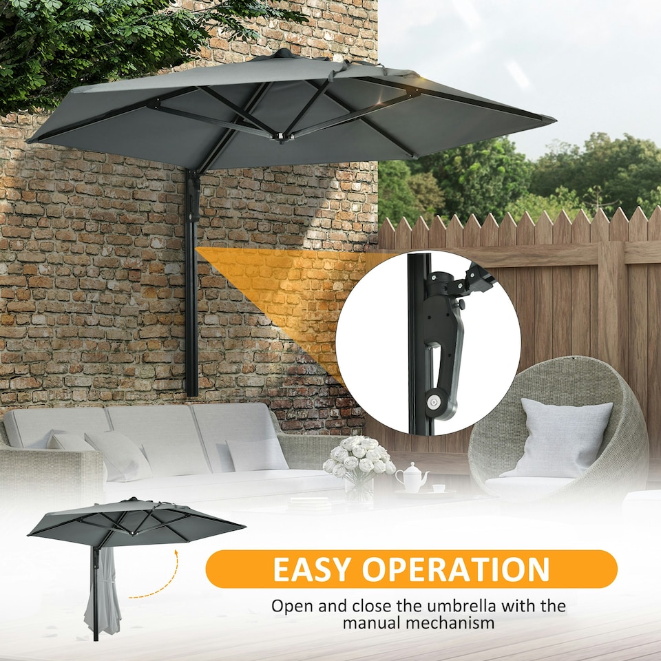 image 1 of Outsunny Wall-Mounted Parasol Patio Umbrella with Hand to Push System Grey