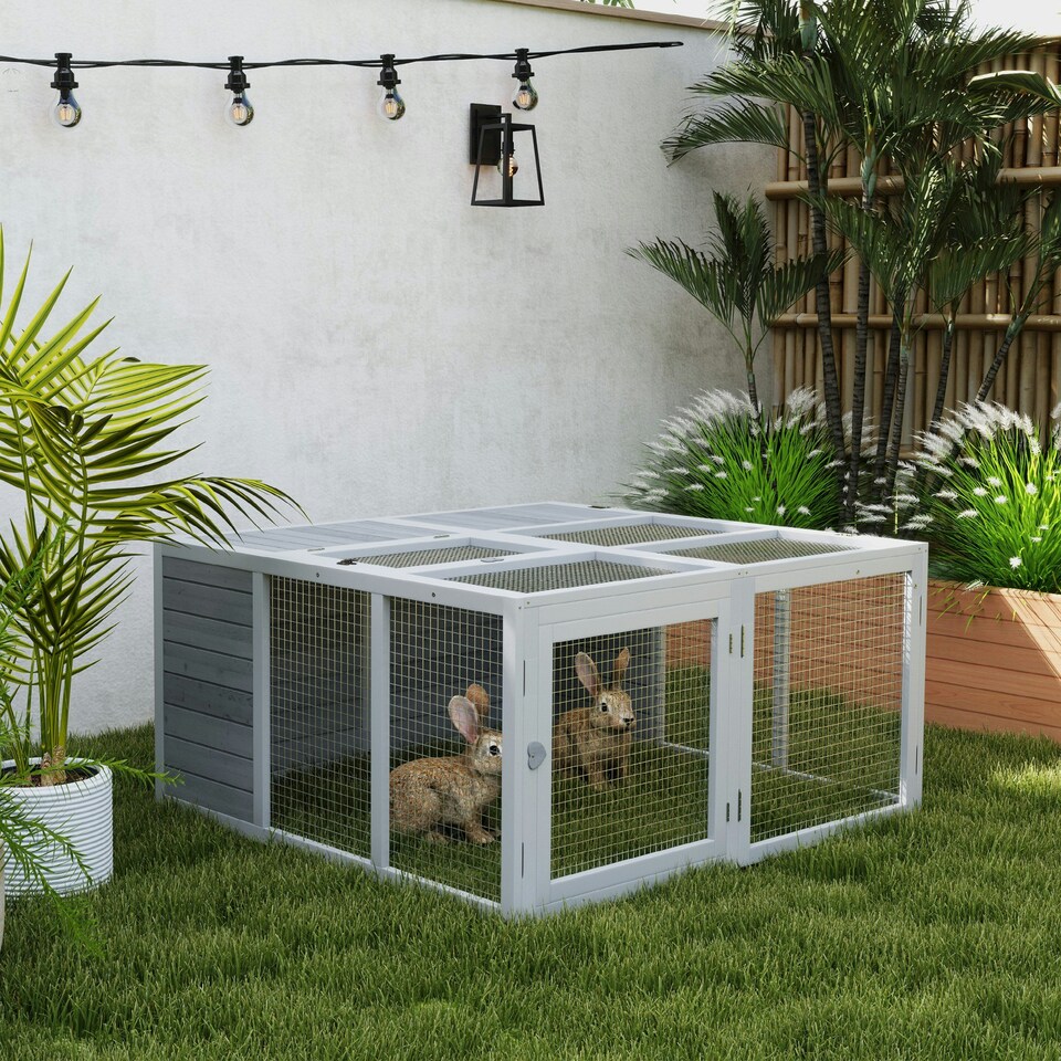 image 1 of PawHut Rabbit Hutch, Bunny Cage Outdoor with Openable Roof, Grey
