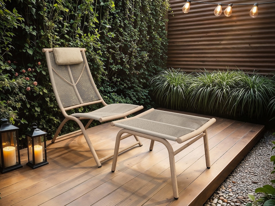 image 1 of SOLACE+CO Esen Set of 2 Garden Lounge Chairs with Footstool Beige