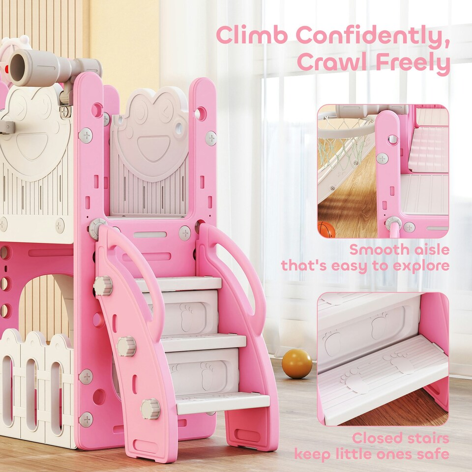 image 1 of AIYAPLAY 7 in 1 Toddler Slide Set, Frog Theme Playset with Basketball Hoop
