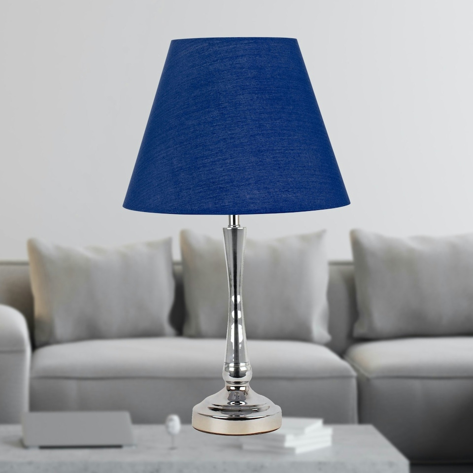 image 1 of Set of 2 Chrome Table Lamps with Stem Detail and Navy Blue Shades Chrome | Blue