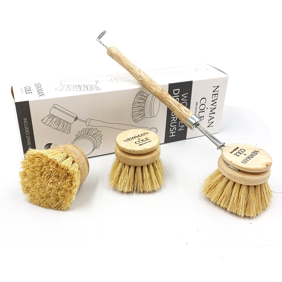 image 1 of Wooden Dish Brush Set with Natural Bristles and Replacement Heads