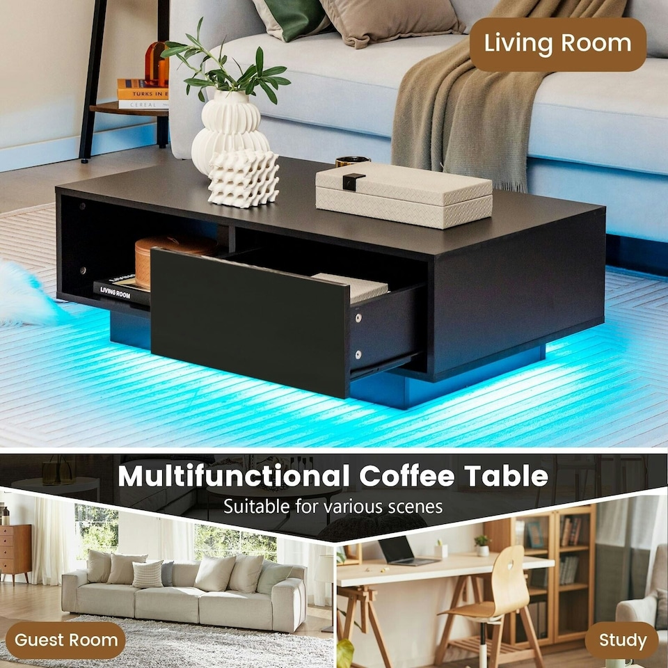 image 1 of COSTWAY Coffee Table w/LED Lights Rectangle Table Black