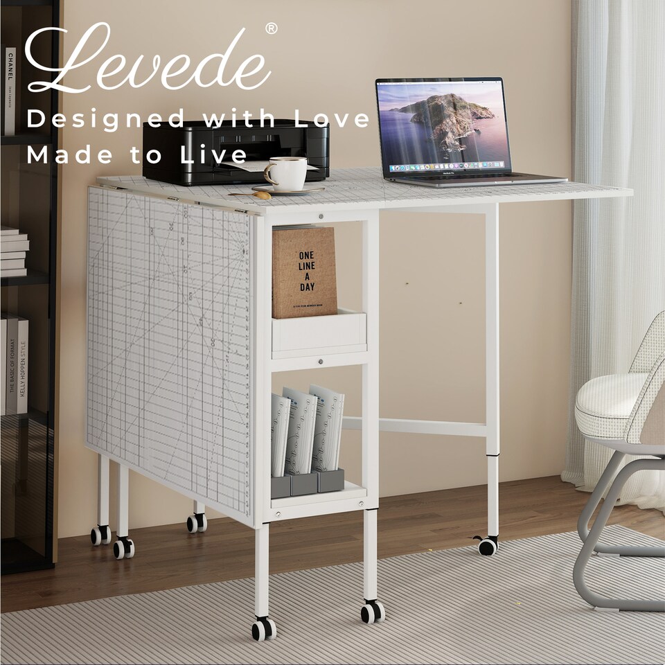 image 1 of Levede Sewing Table Foldable Craft With Grid Adjustable Height Storage Black