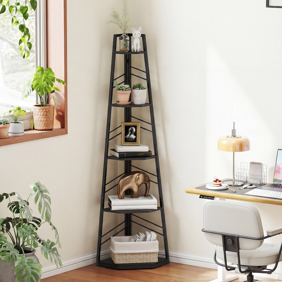 image 1 of HOMCOM 5-Tier Corner Bookcase, Floor Standing Shelving Unit | Black | Black | 36.5 x 36.5 x 159.5 cm