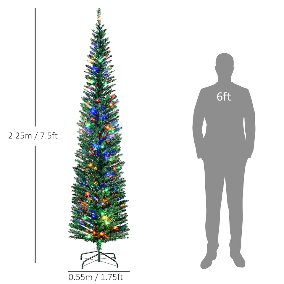 image 1 of HOMCOM 7.5ft Prelit Pencli Artificial Christmas Tree, Slim Xmas Tree with 200 Colourful LED Lights, Steel Base  Green