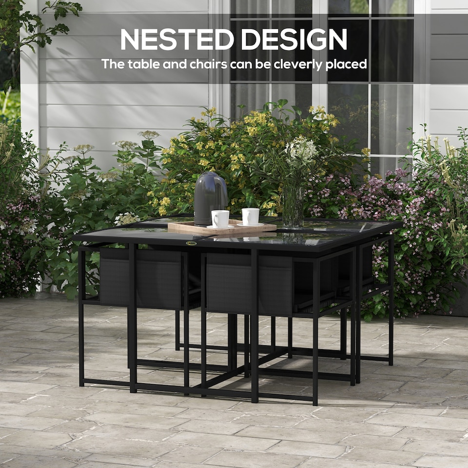 image 1 of Outsunny 5 Piece Garden Dining Set, 4 Seater Outdoor Table and Chairs with Texteline Seat, Space Saving Cube Set with Foldable Backrest, Tempered Glass Table Top, for Patio, Black