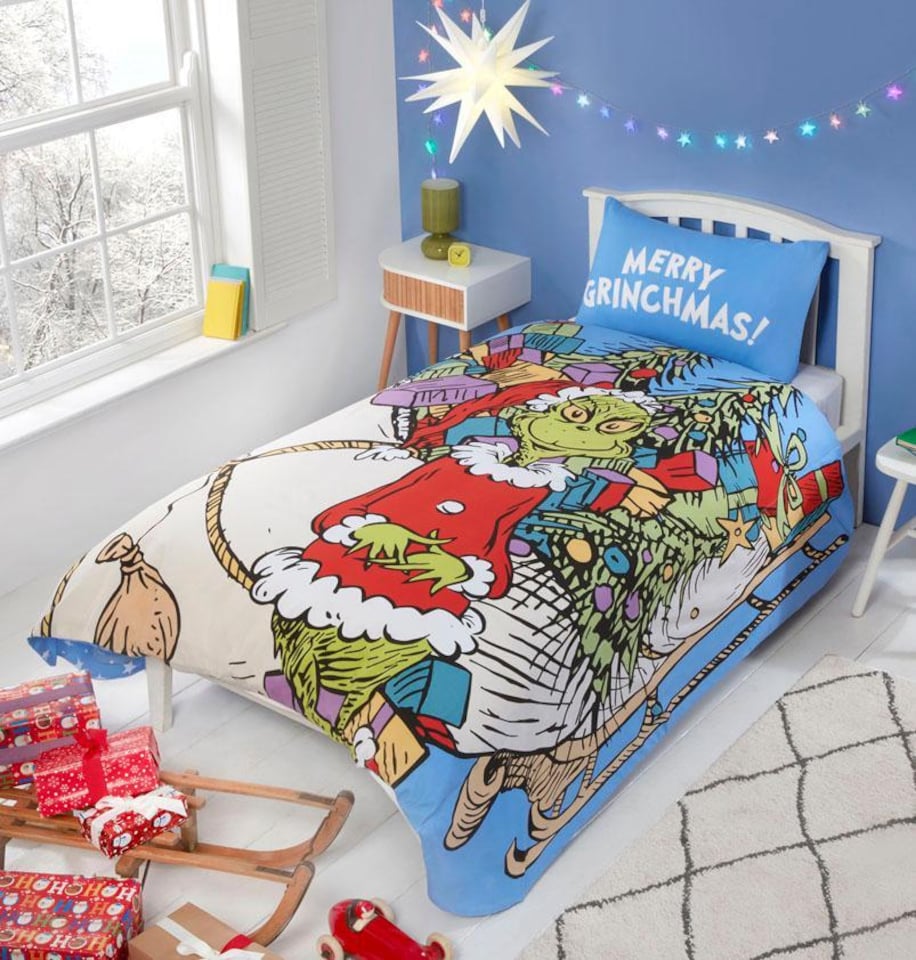 image 1 of Grinch Sleigh Shaped Blue Christmas Duvet Cover Set Single Bedding Set
