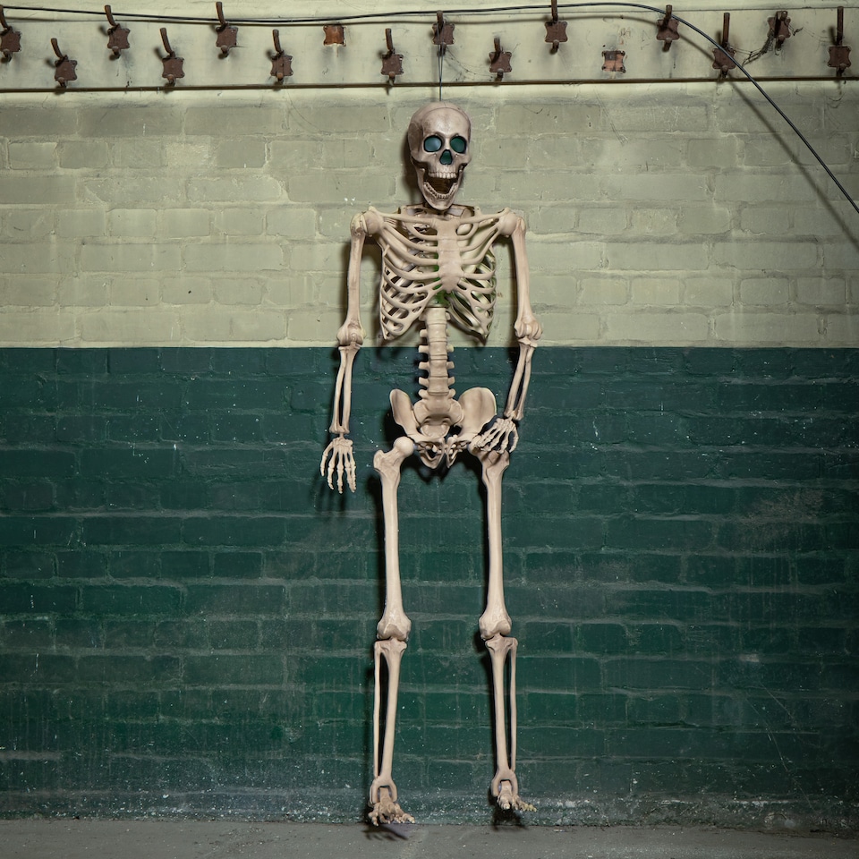 image 1 of 5ft (152cm) Battery Powered Light up Halloween Skeleton with Poseable Joints & Green LEDs